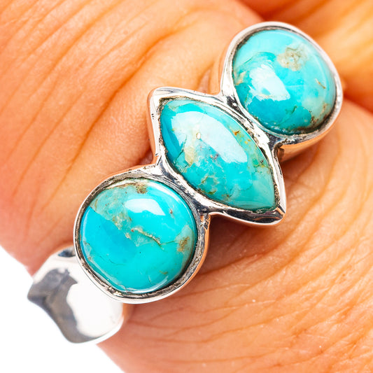 Turquoise gemstone ring with three oval stones in .925 sterling silver, size 8