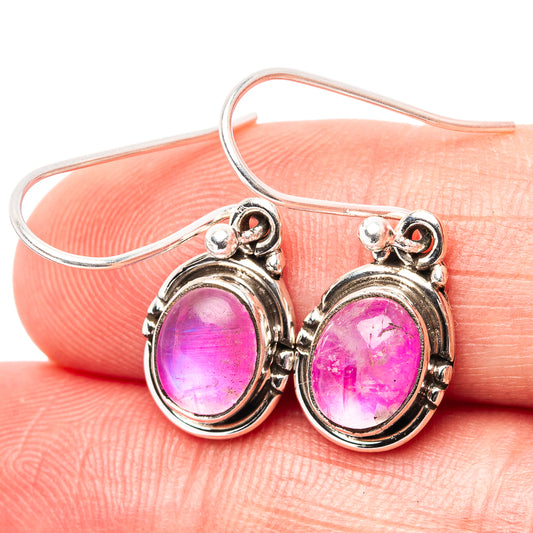 Pink moonstone drop earrings, .925 sterling silver, round cabochon with ornate bezel