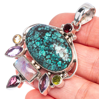 Large Tibetan Turquoise, Rainbow Moonstone, Amethyst, Garnet, Peridot, Citrine Pendant 2 3/8" (925 Sterling Silver) P40102