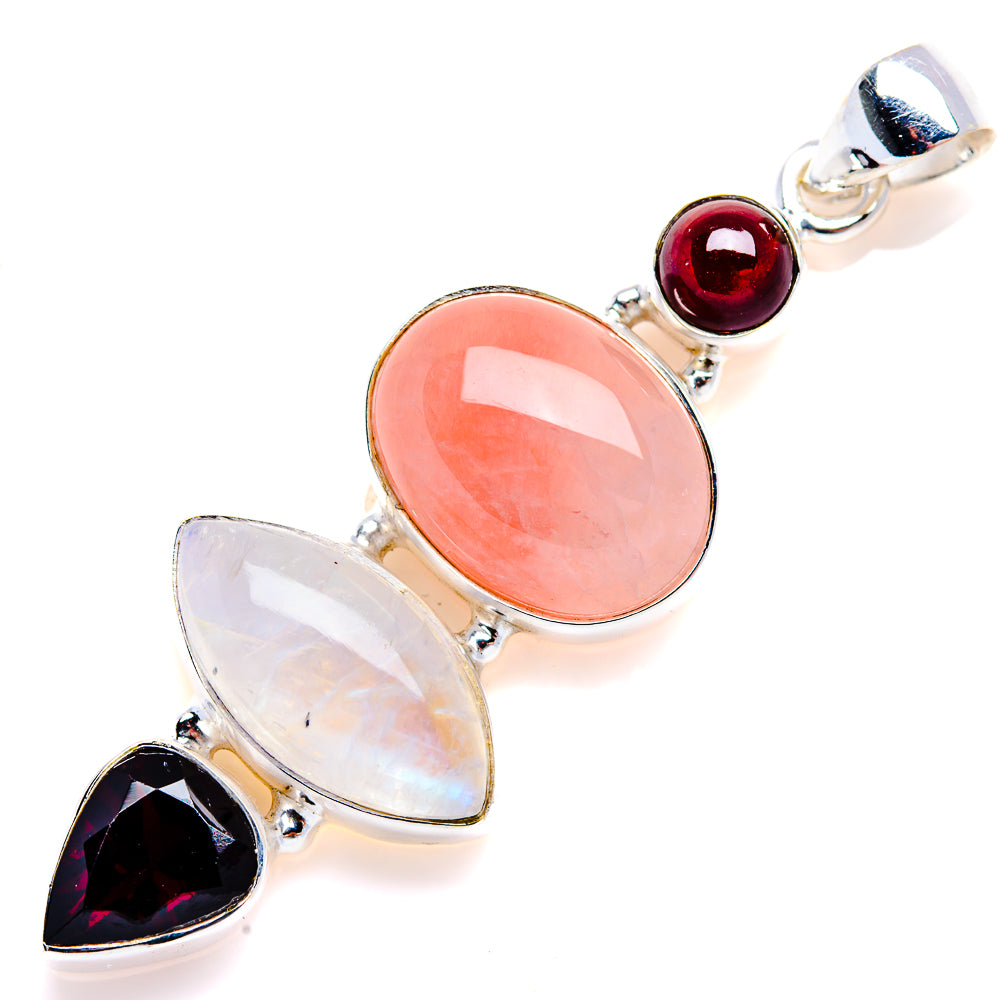 Pink Agate, Rainbow Moonstone, Garnet Pendant 2" (925 Sterling Silver) PD38128