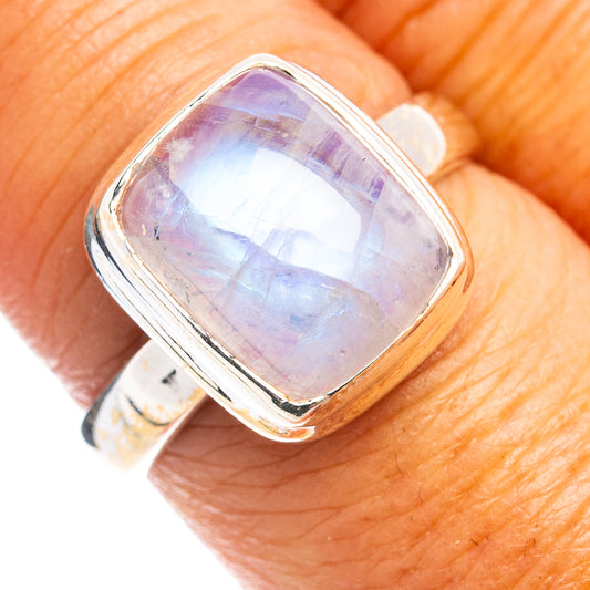 Rainbow moonstone ring with oval iridescent stone, 925 sterling silver band, size 8