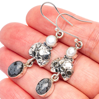 Snowflake Obsidian, Cultured Pearl Earrings 2" (925 Sterling Silver) E433197