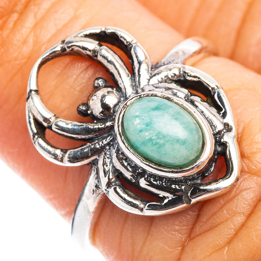 Sterling silver spider dainty ring with oval amazonite cabochon, size 5.75