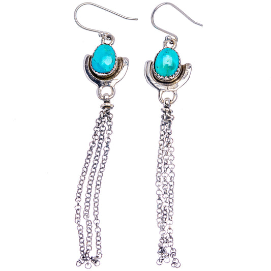 Oval turquoise .925 sterling silver drop earrings with long chain tassels