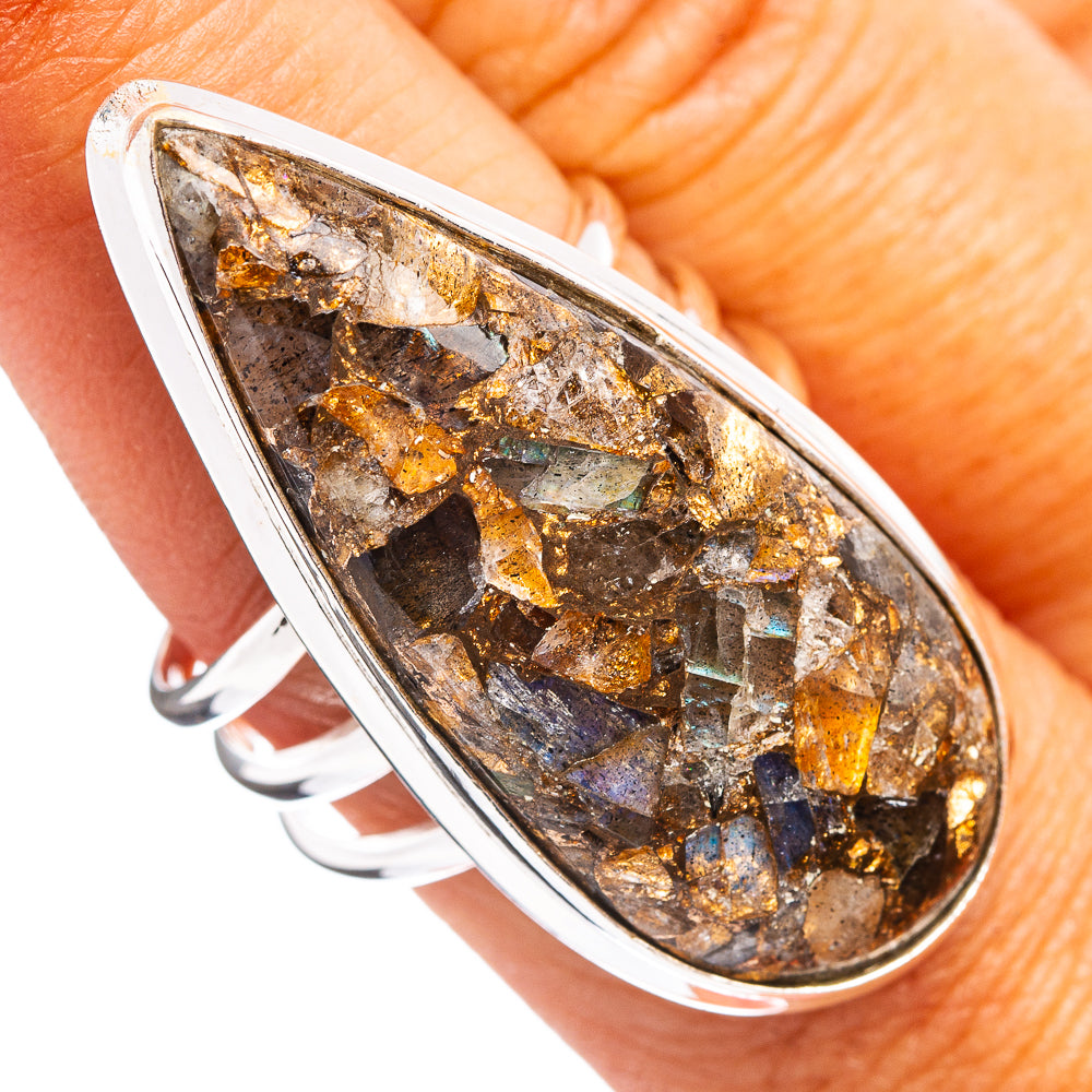 Premium Labradorite & Rainbow Moontone Matrix Ring Size 9 (.925 Sterling Silver)