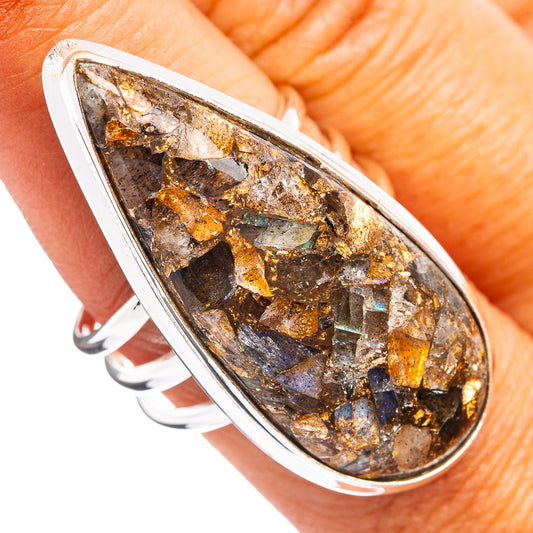 Oval sterling silver matrix ring with multicolor labradorite-like gemstone bezel