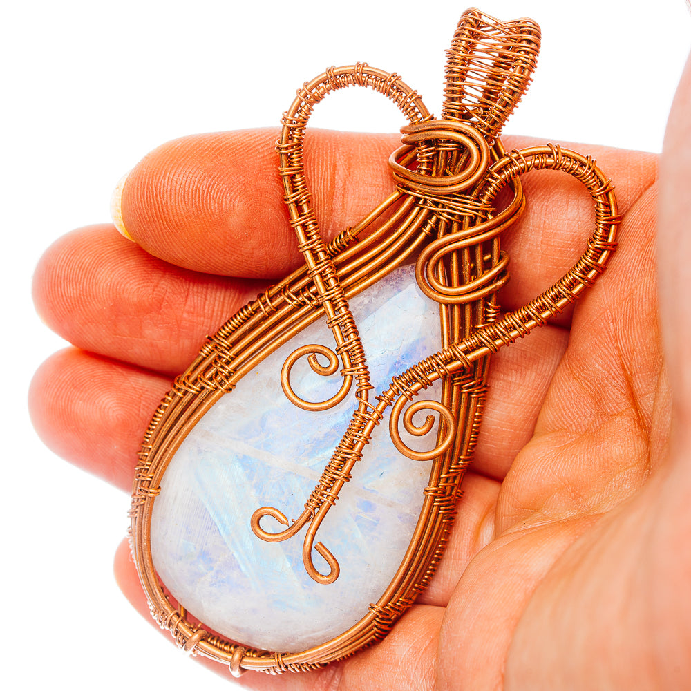 Rainbow Moonstone Wire Wrap Pendant 3 1/8" (Copper)