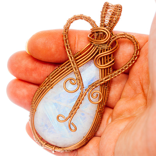 Rainbow Moonstone Wire Wrap Pendant 3 1/8" (Copper)