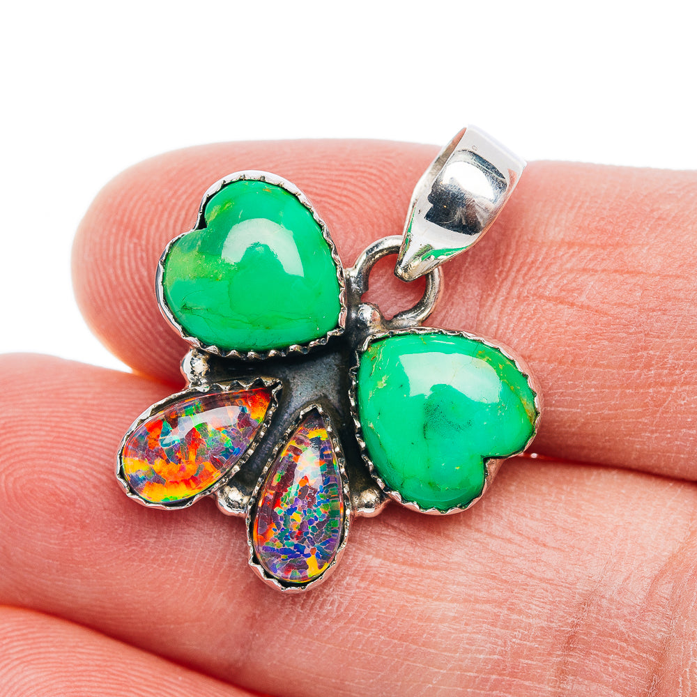 Premium Green Turquoise, Opal Butterfly Pendant 1 1/8" (.925 Sterling Silver)