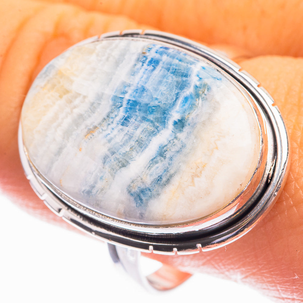Blue scheelite oval cabochon sterling silver ring, size 11