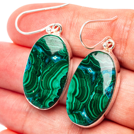 Oval green malachite-chrysocolla drop earrings, silver hooks with teal stone pattern