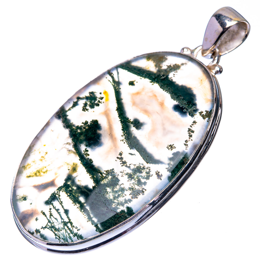 Oval moss agate pendant in sterling silver with bail, green tree-like dendrite pattern