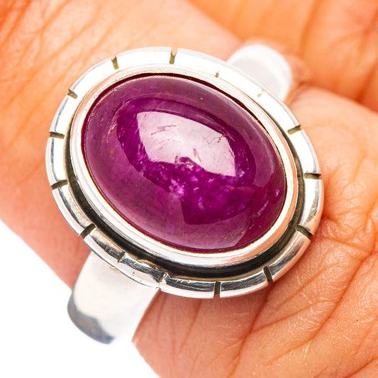 Sterling silver ruby ring, size 6, oval purple gemstone cabochon in segmented setting