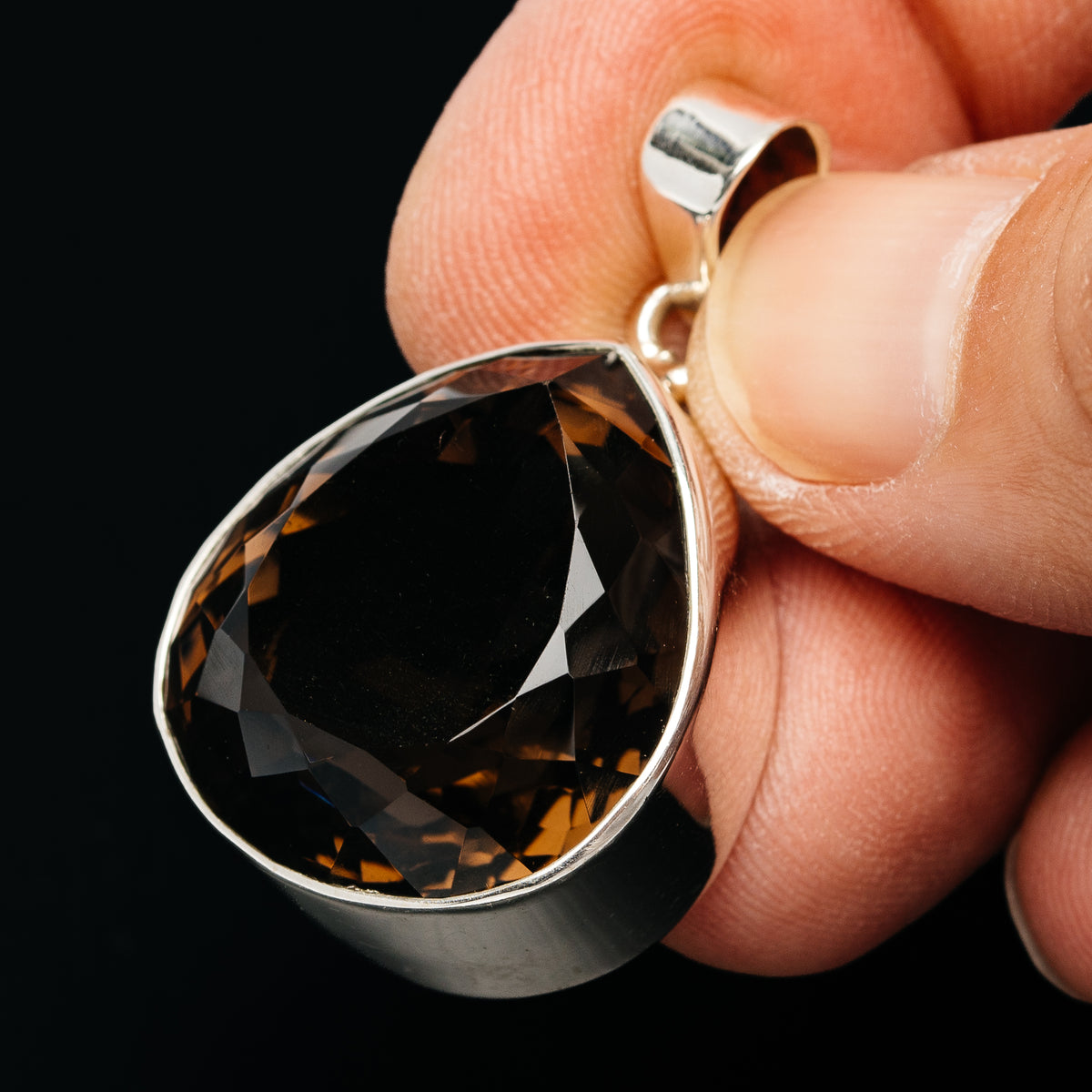 Premium 49ct Faceted Smoky Quartz Pendant 1 3/8" (.925 Sterling Silver)