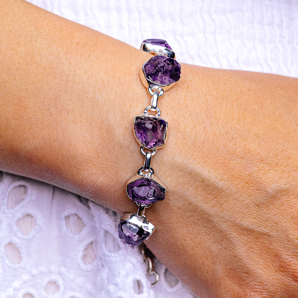 Raw Amethyst Bracelet 7 to 8" (.925 Sterling Silver)