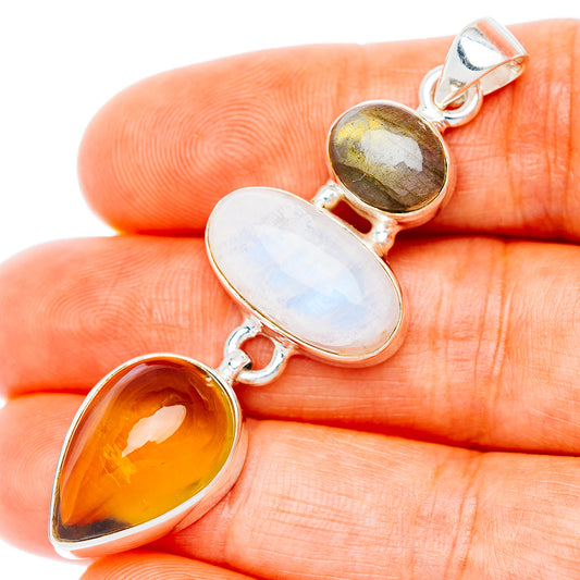 Premium Multi-Gem Rainbow Moonstone, Citrine, Labradorite Pendant 2 1/4" (.925 Sterling Silver)