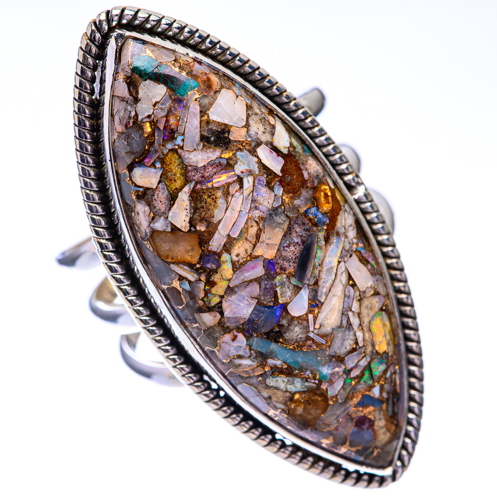 Oval opal mosaic gemstone ring, 925 sterling silver rope bezel, side view
