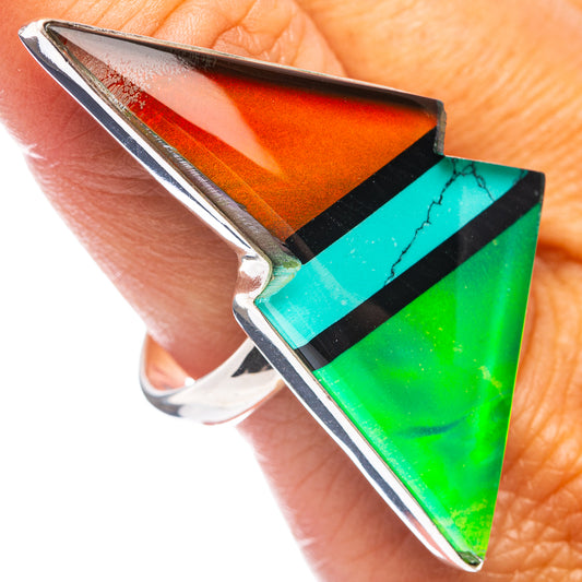 Triangular opal bolt ring in sterling silver, multicolor green teal and red with black stripe