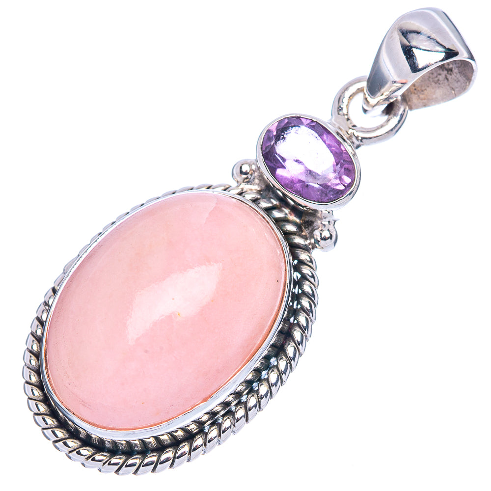 Oval pink opal pendant with purple round stone and textured 925 sterling silver frame