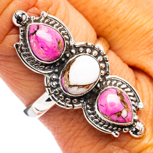 Sterling silver ring with magenta oval gemstones and white inlays, ornate filigree band