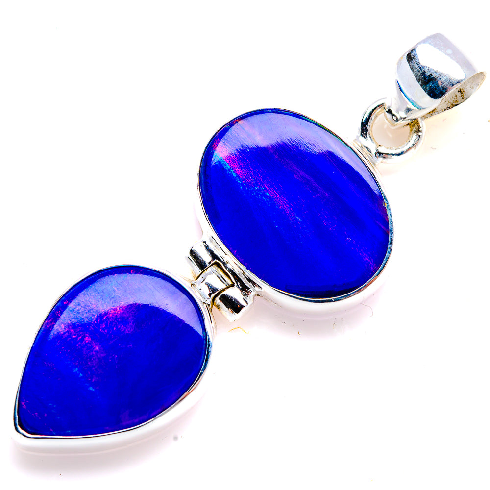 Blue iridescent opal pendant with two oval stones in 925 sterling silver setting