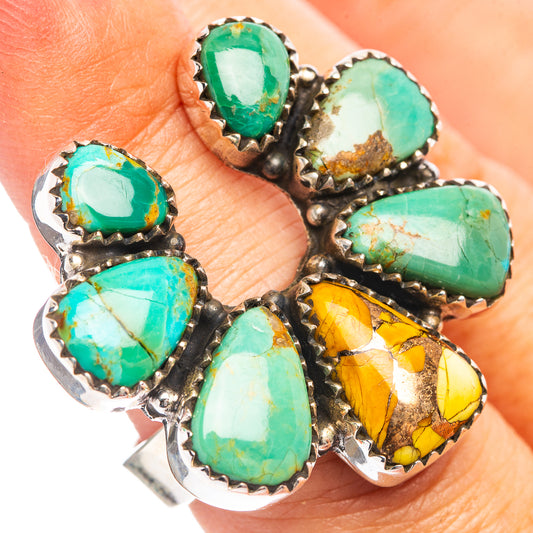 Turquoise horseshoe ring with mixed green and yellow oval stones in silver bezels