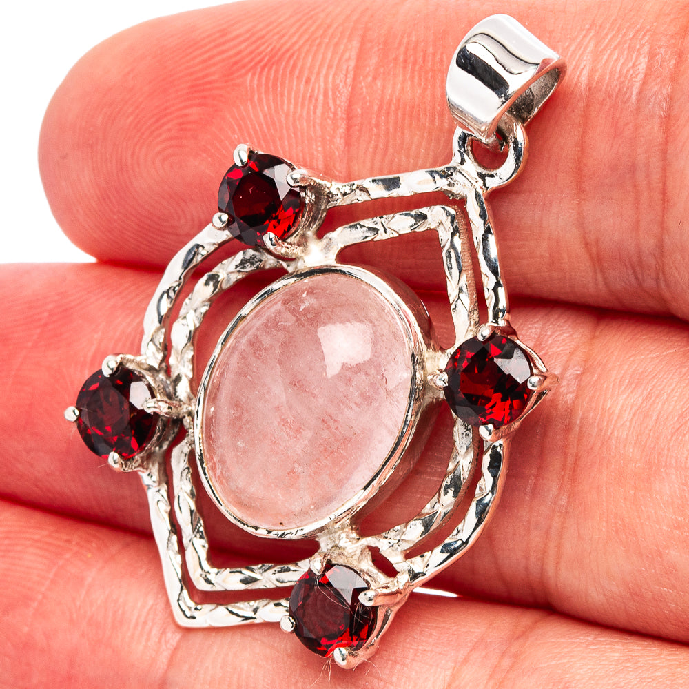 Oval pink center pendant with red garnet stones, 925 sterling silver setting