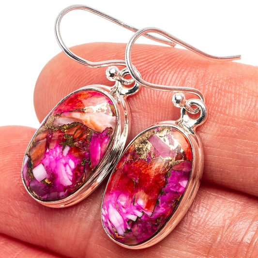 Oval pink-purple turquoise-style drop earrings with .925 sterling silver hooks
