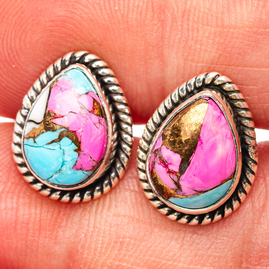 Sterling silver teardrop stud earrings with pink and turquoise gemstone inlay border