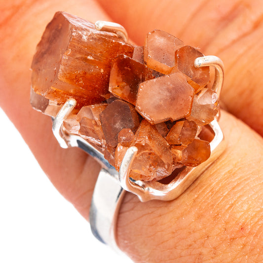 Orange aragonite ring, size 8: .925 sterling silver open band with crystal cluster