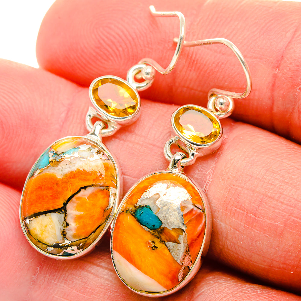 Spiny Oyster Turquoise, Citrine Earrings 1 3/4" (925 Sterling Silver) EARR432090