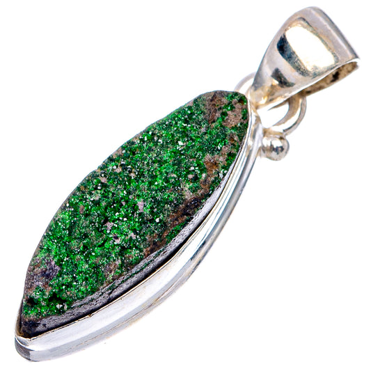 Uvarovite garnet pendant, teardrop green druzy stone in polished 925 sterling silver setting