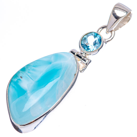 Sterling silver drop pendant with large oval larimar and round blue topaz in prong setting