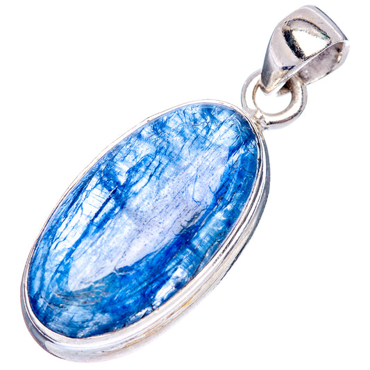 Oval blue kyanite gemstone pendant in .925 sterling silver bezel with bail loop