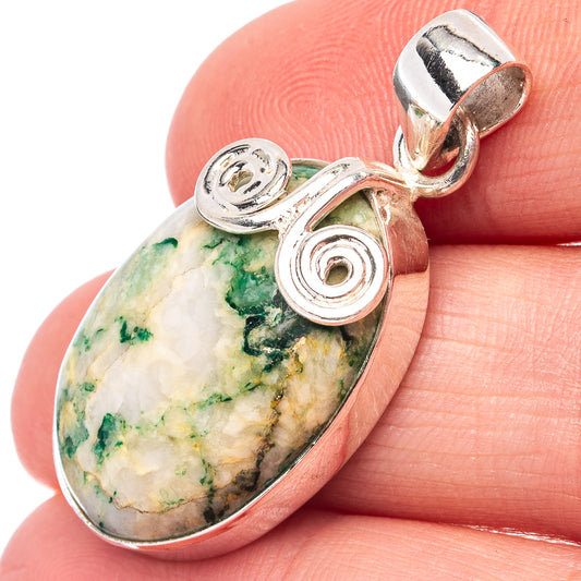 Sterling silver mariposite pendant with oval green-veined stone and hinged bail