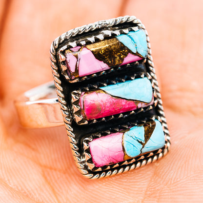 Southwestern inlay ring angled, turquoise and pink stones in black with silver rope trim