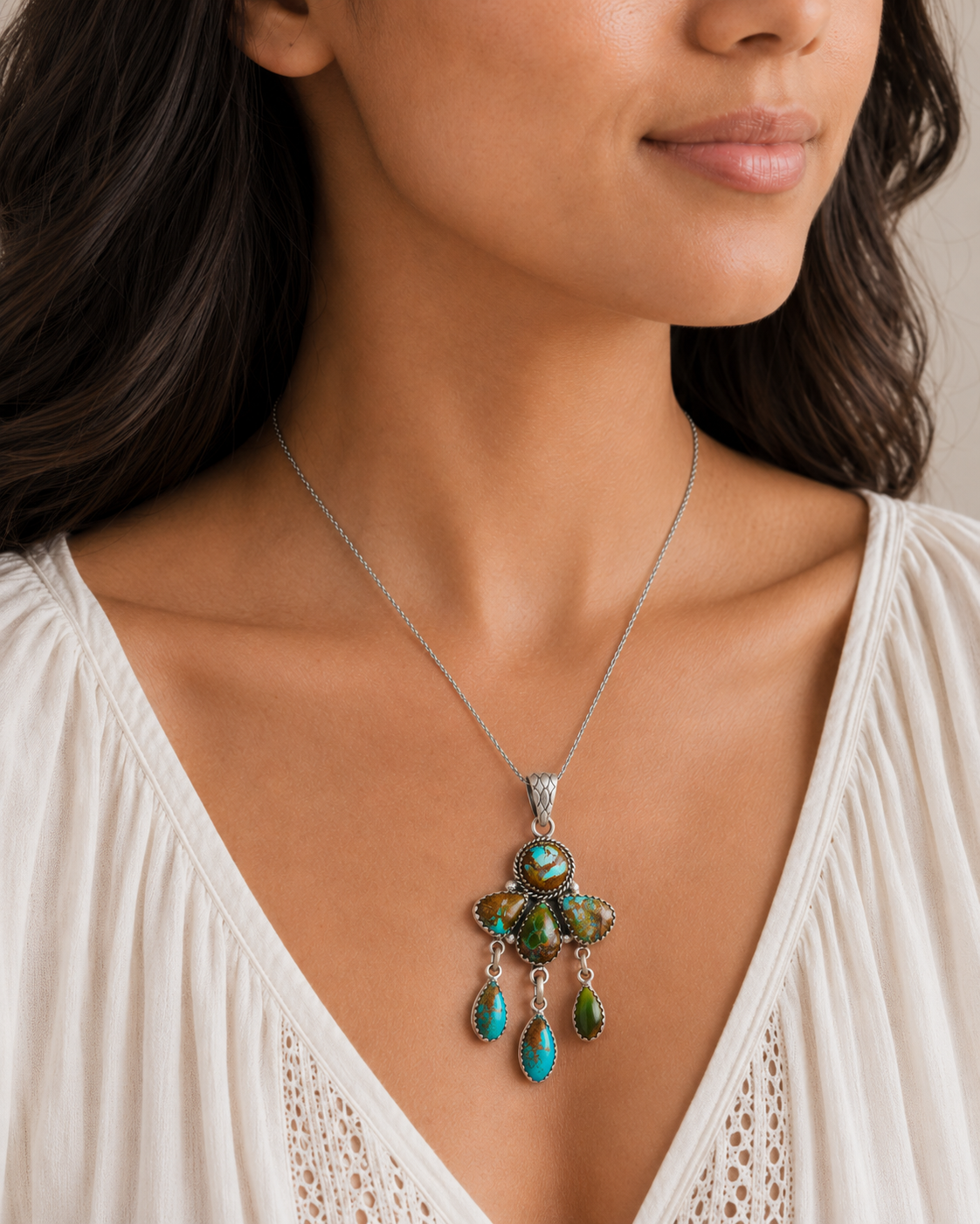 Exclusive Ribbon Royston Turquoise Pendant 2 3/4" (.925 Sterling Silver)
