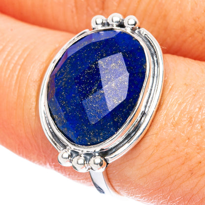 Oval lapis lazuli sterling silver ring with bezel setting and small round accents