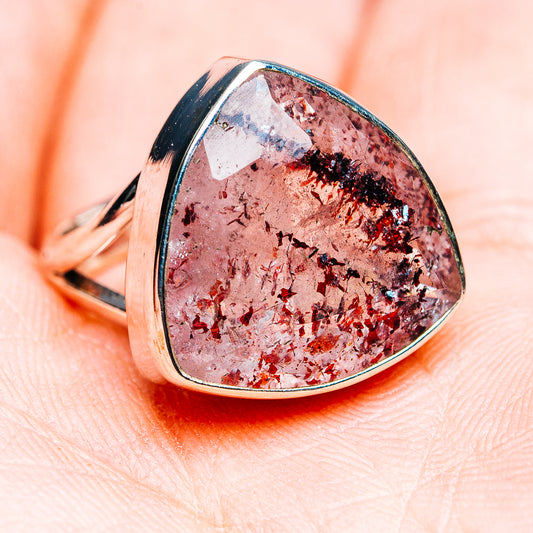 Teardrop lepidocrocite ring, pink-red faceted stone on .925 sterling silver band