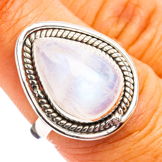 Sterling silver moonstone ring with pear-shaped opal cabochon, braided bezel, size 7