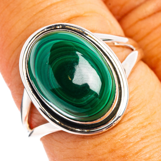 Size 8 oval malachite cabochon ring in .925 sterling silver with silver bezel