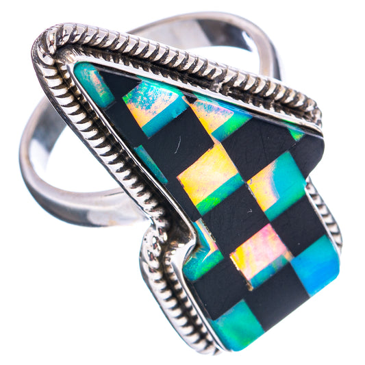 Sterling silver rope-edge bezel ring with black iridescent opal mosaic center stone