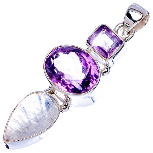 Sterling silver gemstone pendant with purple oval, purple square, and rainbow moonstone oval