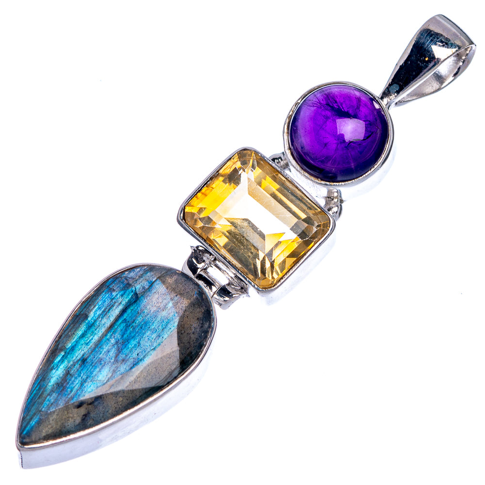 Sterling silver pendant with purple amethyst, yellow citrine square, blue labradorite teardrop