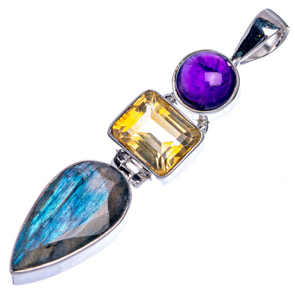 Sterling silver pendant with purple amethyst, yellow citrine square, blue labradorite teardrop