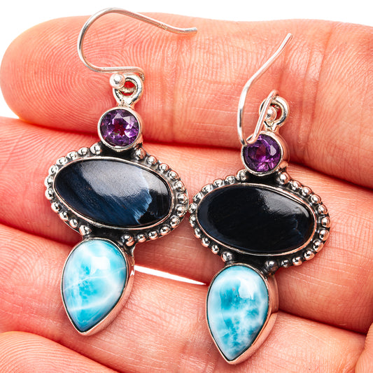 Sterling silver drop earrings: dark oval pietersite, purple amethyst, blue larimar teardrops