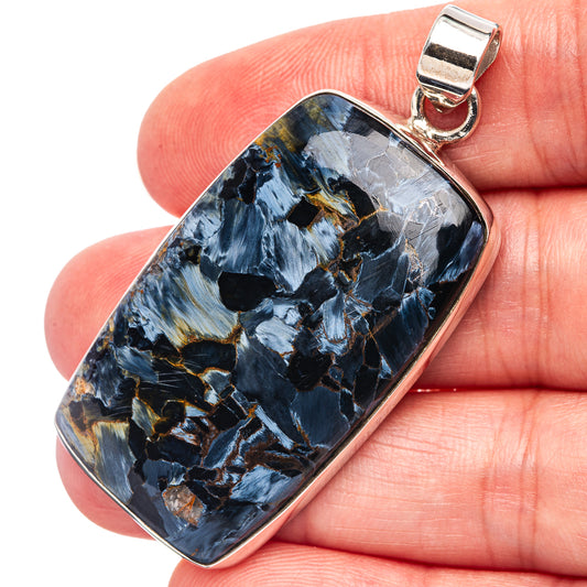 Rectangular pietersite pendant in .925 sterling silver with blue stone, gold flecks, bail