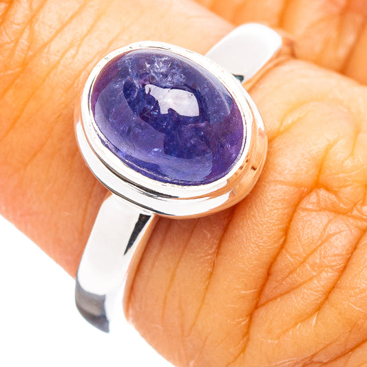Size 6 sterling silver tanzanite ring with oval purple gemstone cabochon