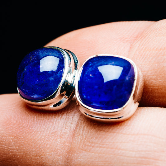 Oval blue gemstone stud earrings in .925 sterling silver bezel settings
