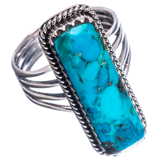 Turquoise rectangular ring with rope bezel and ridged shoulders, .925 sterling silver